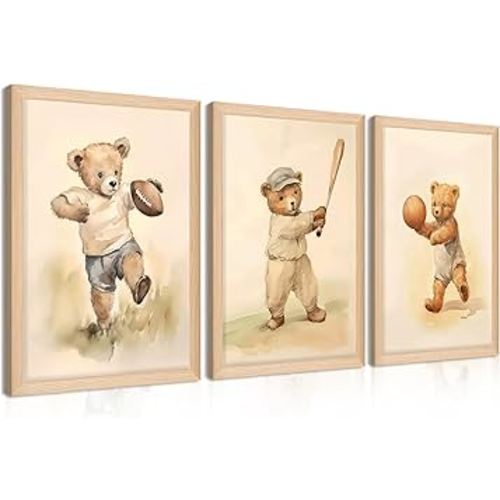 Framed Bear Wall Art Nursery Decor Set of 3, Cute Vintage Baby Bear Sports Pictures Wall Decor, Nursery Animal Poster Prints, Wild Animals Canvas for Children Bedroom Boy Room Decoration – 12x16 inch