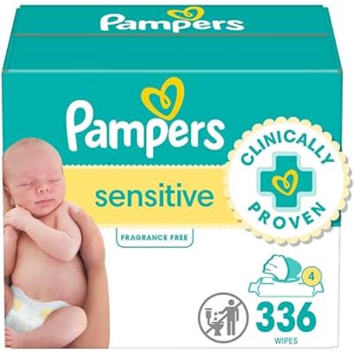 Pampers Baby Wipes, Sensitive, Water Based Wipe, Clinically Proven, Hypoallergenic, and Unscented for Babies, 336 Wipes Total (4 Flip-Top Packs)