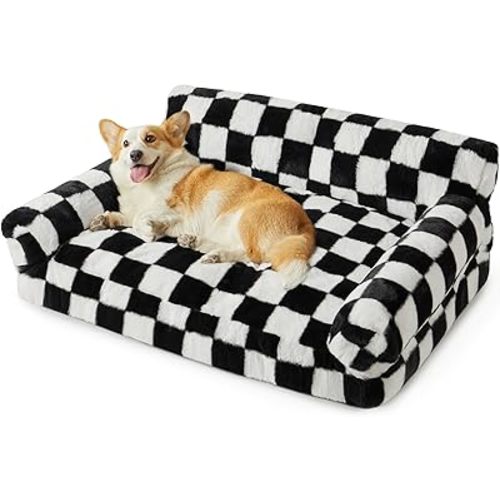 BFPETHOME Dog Couch Bed, Cute Pet Sofa with Non-Slip Bottom, Checkered Dog Bed with Washable Cover, XL Pet Couch (Black&White)