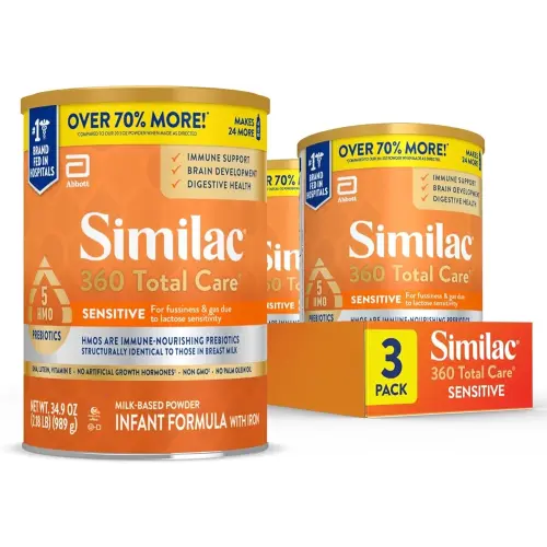 Similac 360 Total Care Sensitive Infant Formula for Fussiness & Gas Due to Lactose Sensitivity, Has 5 HMO Prebiotics, Non-GMO, Baby Formula Powder, 34.9-oz Value Can, Pack of 3