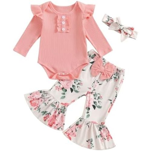 3-6 MONTHS MERSARIPHY Newborn Baby Girl Clothes Ribbed Knit Ruffle Romper Bodysuit Bell-Bottom Pant Set 3Pcs Infant Fall Winter Outfits