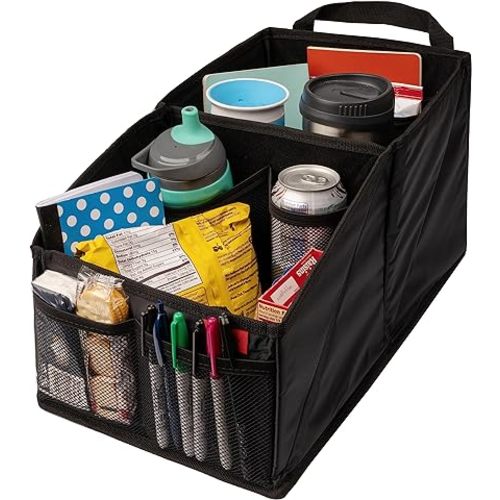 Lusso Gear Car Seat Organizer - Built-In Car Cup Holders & Mesh Pockets - Foldable Back Seat Organizer with Handles - Kids Road Trip Essentials - 9 Compartments, Black Oxford