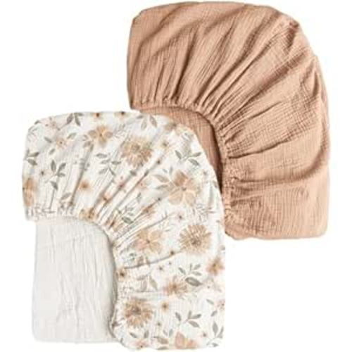 Konssy Muslin Crib Sheets 2 PCS 100% Cotton Baby Crib Sheets for Standard Crib Mattress (28" x 52"), Soft and Breathable for Boys, Girls (Toffee, Flourish)