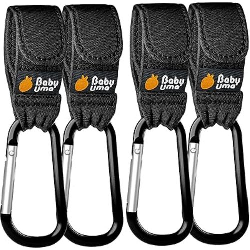 Baby Uma 4-Pack Stroller Hooks - Universal Bag Clips for Diaper Bags, Carry 11 lbs Each, Adjustable Straps