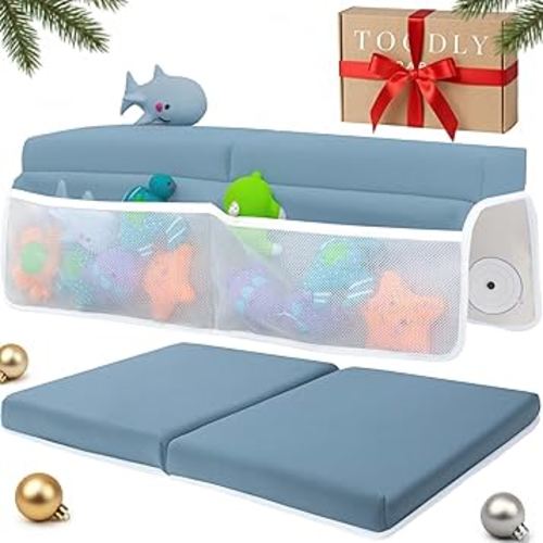Comfortable Baby Bath Kneeler and Elbow Rest Pad Set – Thick Memory Foam Bath Kneeling Pad with Elbow Support – Baby Bathtub Cushion with Toy Organizer for Bathing Infant or Toddler - Blue