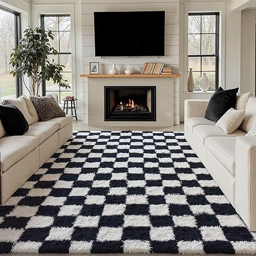Checkered Rug 6x9 for Living Room, Black and White Modern Shag Rug Washable Non-Slip Large Area Rug Super Soft Indoor Fuzzy Carpet Fluffy Rugs for Bedroom Home Aesthetic Decor