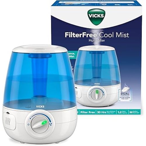 Vicks Filter-Free Ultrasonic Humidifier, Recommended by Pediatricians*, 1.2 Gal Ultrasonic Cool Mist Humidifiers for Bedrooms & Kids Rooms, Works with Vicks VapoPads