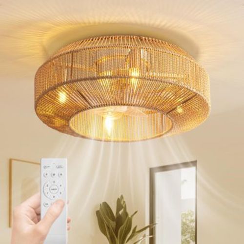 Ludomide 20" Boho Caged Ceiling Fan With Light And Remote Control, Rattan Drum Flush Mount Low Profile Ceiling Fan For Bedroom Living Room Kitchen
