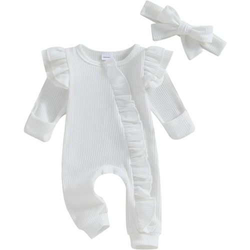 FYBITBO Infant Baby Girl Clothing Ruffle Knit Romper Zipper Jumpsuit Fall Winter Outfit Newborn Coming Home Clothes - 3-6 Months - Plain-white