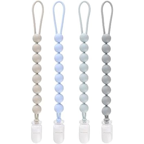 4-Pack Silicone Pacifier Clips for Baby Boys and Girls - with One-Piece Beads, Flexible and Rust-Free Holders for Teething Relief and Baby Essentials - Safe for Newborns (Grey)