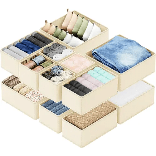 SpaceAid Drawer Organizer for Clothes, 12 Pack Dresser Drawer Organizer Bins, Closet Organizers and Storage Dividers for Clothing, Underwears, Socks (Beige)