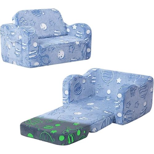 MeMoreCool Toddler Sofa Bed – Glow-in-The-Dark Astronaut Chair for Kids, 2-in-1 Fold-Out Lounger (Denim Planet) Soft Foam | Machine Washable Cover | Ages 1–3 | Playroom & Nursery Nap Couch