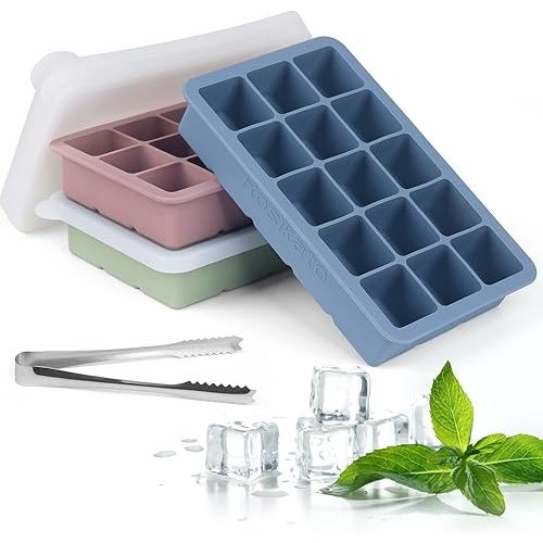 2024 Newest Ice Cube Tray with Lid, 3 Packs 45 Cubes, Silicone Ice Cube Trays Large Reusable and BPA Free for Whiskey, Cocktail, Drinks&Baby Food, Freezer, Souper(Blue+Pink+Green)…