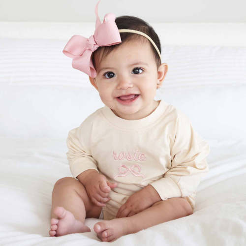 Personalized Bow Long Sleeve Bubble Romper | Natural