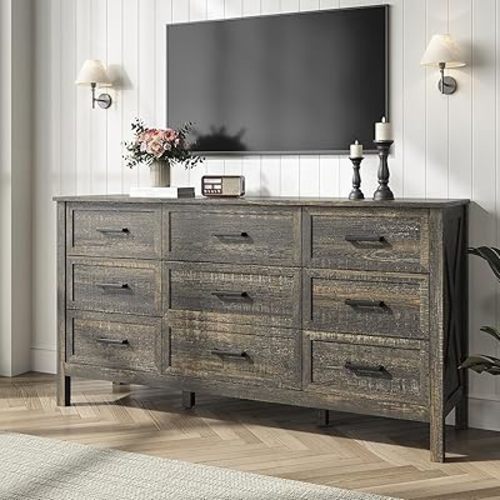 Farmhouse 9 Drawers Dresser for Bedroom, Wood Rustic Wide Chest with Natural Texture, Farmhouse Chest of Drawers for Bedroom, Hallway, Entryway, Dark Brown
