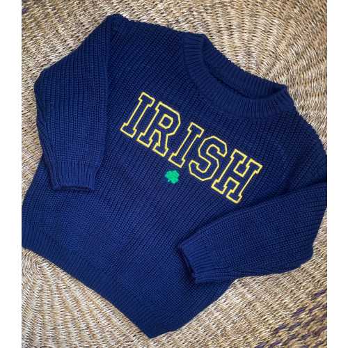 Baby/Toddler ND "IRISH" Embroidered Sweater - Kids Fighting Irish Football Knit Pullover - Toddler University of Notre Dame Football Sweater