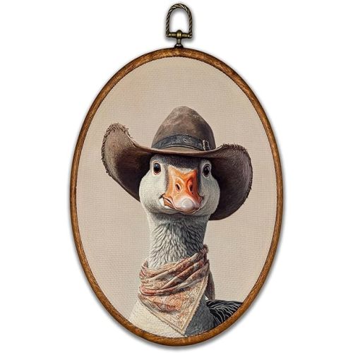 BCUANGD Western Trendy Oval Wall Art Decor - Retro Goose Neutral Wall Art Canvas Frame Artwork Prints, Rustic Vintage Country Round Wall Hanging Decorations for Home Farmhouse Bedroom, 8.6"x11.4"