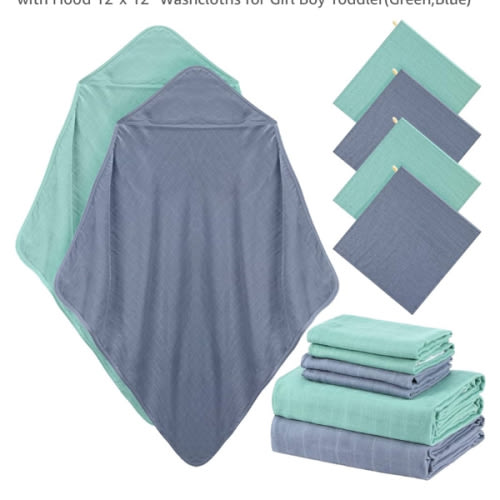 Preboun 6 Pcs Muslin Hooded Baby Towels and Washcloths 32"x 32" Cotton Newborn Bath Towel Anti-Shrink Infant Baby Blankets with Hood 12"x 12" Washcloths for Girl Boy Toddler(Green,Blue)
