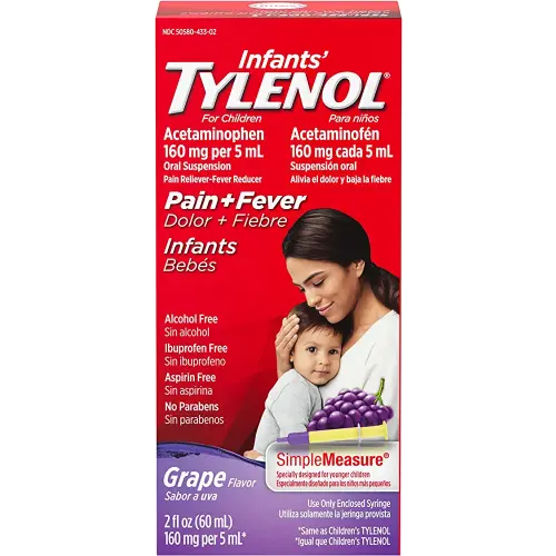 Tylenol Infants Oral Suspension Liquid Medicine with Acetaminophen, Baby Fever Reducer & Pain Reliever for Minor Aches & Pains, Sore Throat, Headache & Toothache, Grape Flavor, 2 fl. oz