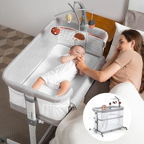 besrey 4 in 1 Baby Bassinet Bedside Sleeper, Playpen, Baby Rocking Cradle, 5 Convertible Modes, Height Adjustable Bedside Crib, Quick Assemble Bassinets with Wheels, Mobile Toy Hanger, Mattress
