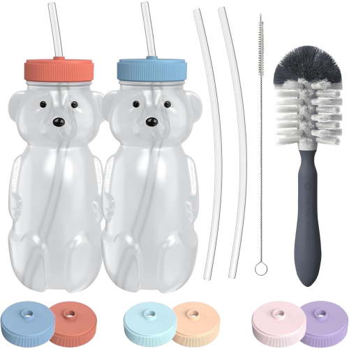 The 730 Project Honey Bear Straw Cup - 8 oz with Leak-Proof Lid, Bottle Brush & 4 Straws, Red & Blue, 2-Pack