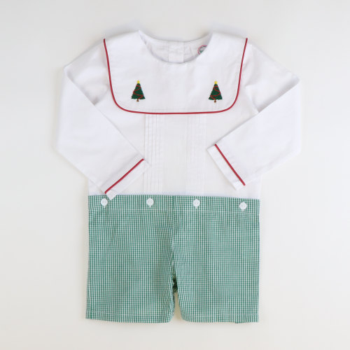 Embroidered Christmas Trees Short Set - Dark Green Mini Gingham