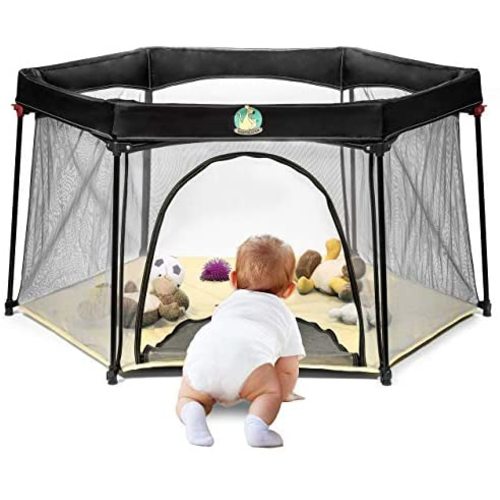BABYSEATER Portable Playard Play Pen with Carrying Case for Infants and Babies, Beige