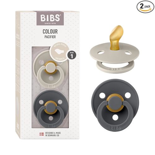 BIBS Pacifiers - Set of 2 | Colour Pacifier with Anatomical Nipple | BPA-Free Natural Rubber | Made in Denmark | Sand/Iron, 0-6 Months