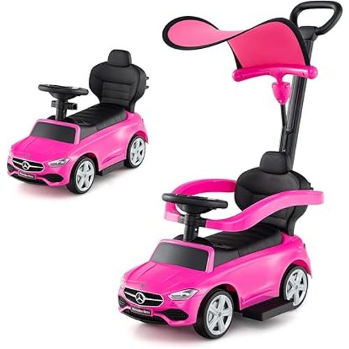 Costzon Push Car for Toddlers, 3 in 1 Mercedes Benz Stroller Sliding Walking Car w/Canopy, Handle, Safety Bar, Horn Sound, Underneath Storage, Foot-to-Floor Ride On Toy for Boys & Girls (Pink)