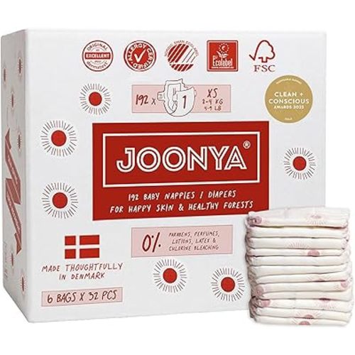 Joonya Baby Diapers, Size 1 XS (4-9 lb) - 6 Bags of 32 (192) - New Range - NonToxic, Eco-Friendly, Ultra Slim, Overnight Use - Made in Denmark