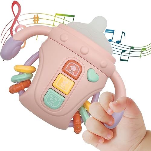 Baby Musical Toys,Sensory Learning Toy with Music and Lights,Pacifier Teething Musical Toys,Rattle Toy for Toddlers,Boys and Girls Gifts(A-Pink)