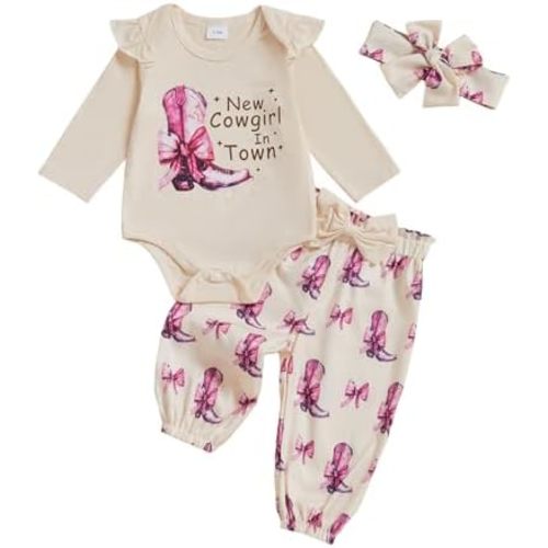 Fernvia Western Newborn Baby Girl Clothes Long Sleeve Letter Print Romper Animal Print Pants Headband 3Pcs Outfits Sets