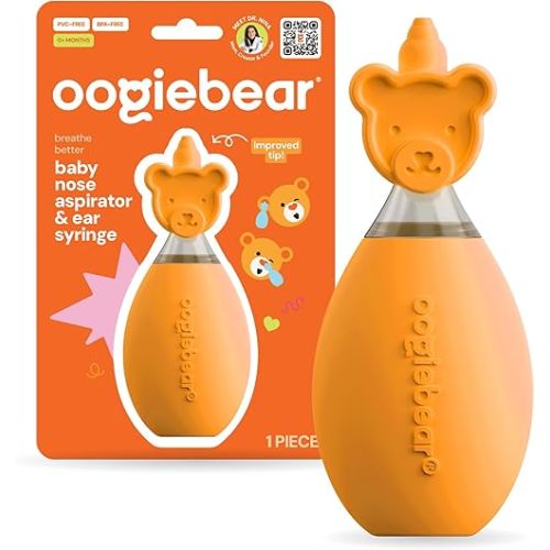 oogiebear: Baby Nasal Aspirator - Safe Booger & Earwax Remover for Newborns, Infants, Toddlers - Better Syringe, Airtight Suction, Nose Sucker - Essential Baby Stuff, Diaper Bag Must-Haves, Orange