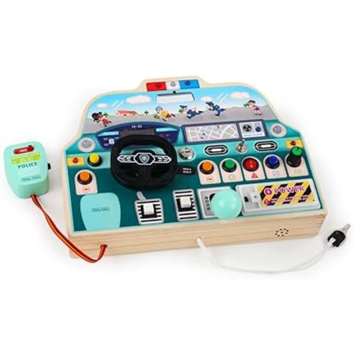 JAUNTY Montessori Sound Busy Board for Toddlers 1 2 3 Years Old, Wooden Police Car Sensory Toy with LED Light Switches, Recordable Walkie-Talkie, Travel Toys for 1+ Year Old Baby and Toddler