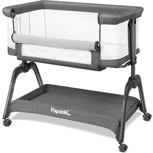 Papablic Baby Bassinet, Bedside Bassinet for Baby with Four-Sided Breathable Mesh & Soft Mattress, Adjustable Bedside Sleeper with Storage Basket and Wheels, Easy to Assemble, Grey
