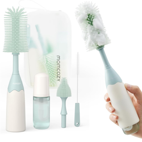 Momcozy Bottle Brush Kit, Innovative Push-Press Design for Better Cleaning - Baby Bottle Cleaner Brush for Baby Bottle, Breast Pumps, Nipples, and More - Can Generate Foam for Better Cleaning, Green