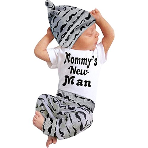 wsevypo 3Pcs Baby Boy Clothes Mommy's New Man Print Bodysuit Summe Cotton Short Sleeve Romper Moustache Pants+Hat Outfits Set