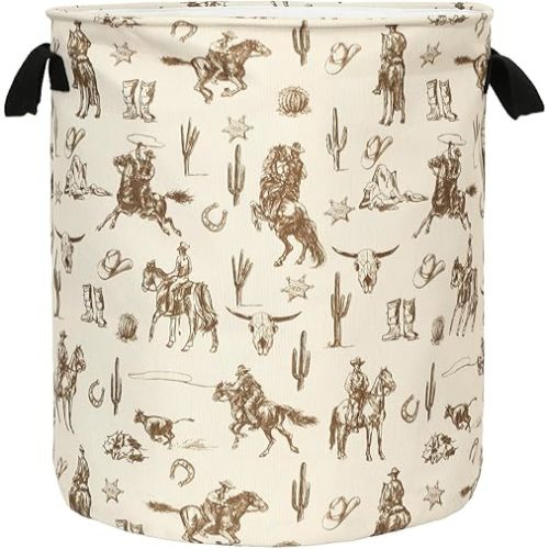 JarThenaAMCS Western Cowboy Laundry Basket Clothes Hamper 18.9 x 16.5 Inch Brown Wild West Rodeo Foldable Fabric Storage Bin with Handles for Bathroom Bedroom Dorm Organizer