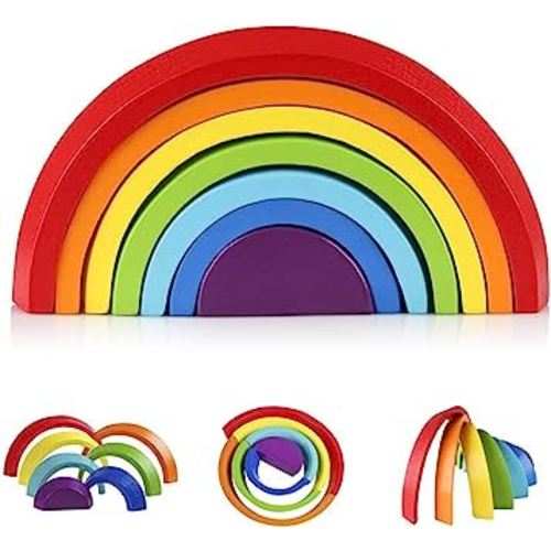 Coogam Wooden Rainbow Stacker Nesting Puzzle Blocks - Tunnel Stacking Game Building Creative Color Shape Matching Jigsaw Learning Toy Set Board Early Development Gift for Kids Boy Girl