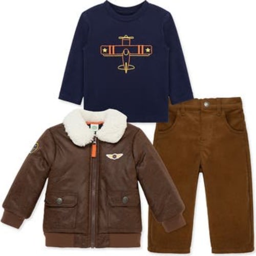 Faux Leather Bomber Jacket, Graphic T-Shirt & Corduroy Pants Set, 12M
