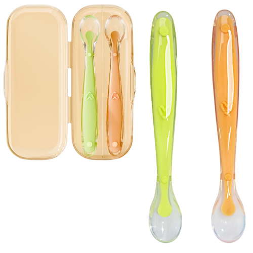 Baby Silicone Spoon,2 Pcs Soft Training Feeding Spoons for First Stage Baby and Infant, High Temperature Resistant Biting Spoon+Non-Slip Handle, Dishwasher Safe and Boilable