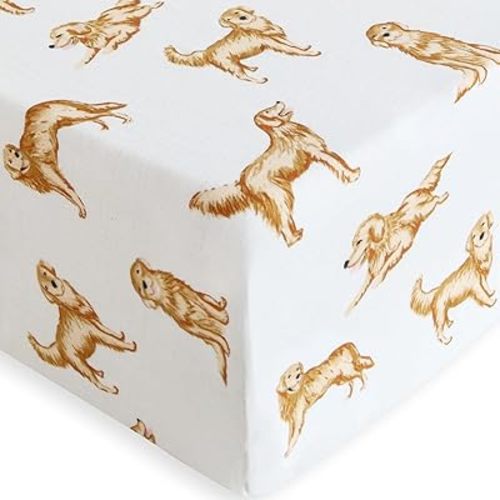 LifeTree Crib Sheets for Baby, Muslin Fitted Crib Sheets Neutral Boys Girls - Toddler Bed Sheet Fits Standard Crib, 70% Viscose from Bamboo and 30% Cotton, GoldenRetriever Pattern, 28in x 52in