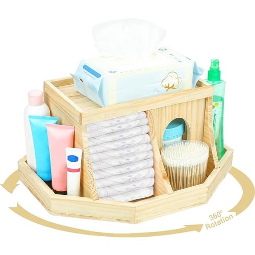Diaper Caddy Organizer, Wooden Changing Table Organizer for Nursery, 360 Degrees Rotating Baby Diaper Storage Organizer with Removable Dividers (Brown, Round Size)