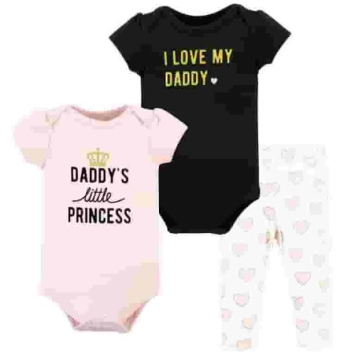 Hudson Baby Infant Girl Cotton Bodysuit and Pant Set, Daddys Little Princess Short Sleeve, 9-12 Months