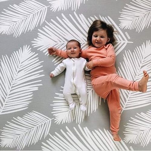 Cushmat Stylish Reversible Foam Play Mat (Large, Palm Gray - Blue Diamonds) - Soft, Waterproof, Durable Play mat for Infants, Babies, Toddler, Kids & Grownup - 6.5ft x 4.5ft
