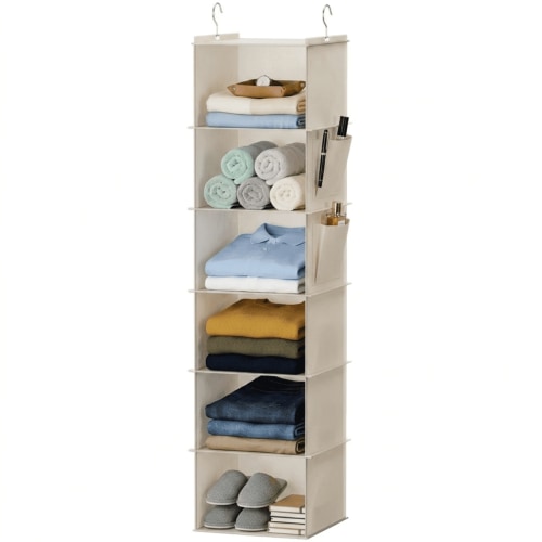 6-Shelf Hanging Closet Organizer in Beige — Fabric Storage with Bamboo Inserts & Side Pockets, 47" Vertical Storage for Clothes, Shoes & Accessories