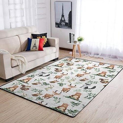 Baby Woodland Animals Green Leaves Area Rugs Bear Deer Owl Bunny Raccoon Squirrel Boho Leaf Throw Mat Floor Carpet Bath Mat for Toddler Nursery Bedroom Nursery Bathroom Living Room Kitchen 48x72inch