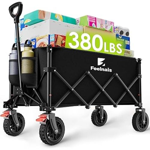 180L Collapsible Wagon with Wheels, Feelnais Folding Wagon Cart with Adjustable Handle, Foldable Utility Wagon for Grocery Shopping Camping Outdoor Sports Beach Garden