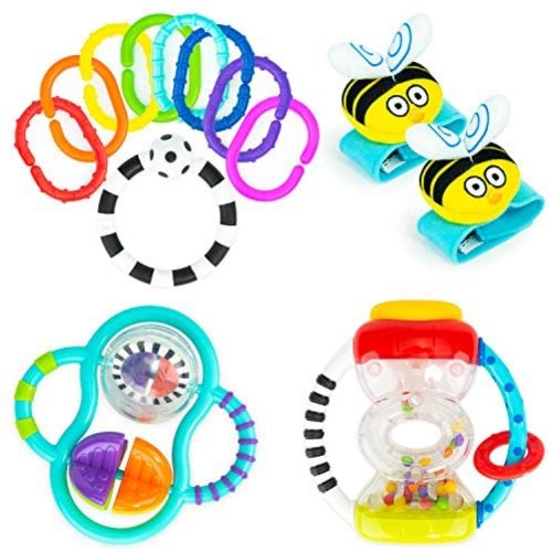 Baby's First Rattles Developmental Giftset for Newborns + | Includes Wrist Rattles, Hourglass Rattle, 9 pc Ring O’ Links, and Grasp & Spin Rattle