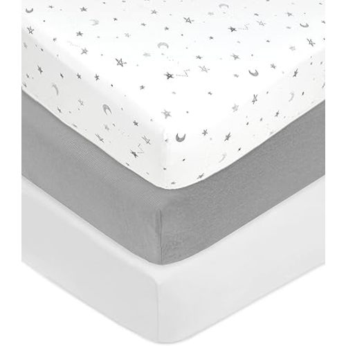 American Baby Company 3 Pack Fitted Crib Sheets 28" x 52", Soft Breathable Neutral 100% Cotton Jersey Sheet, Gray Stars/Gray/White, for Boys and Girls, Fits Crib and Toddler Bed mattresses
